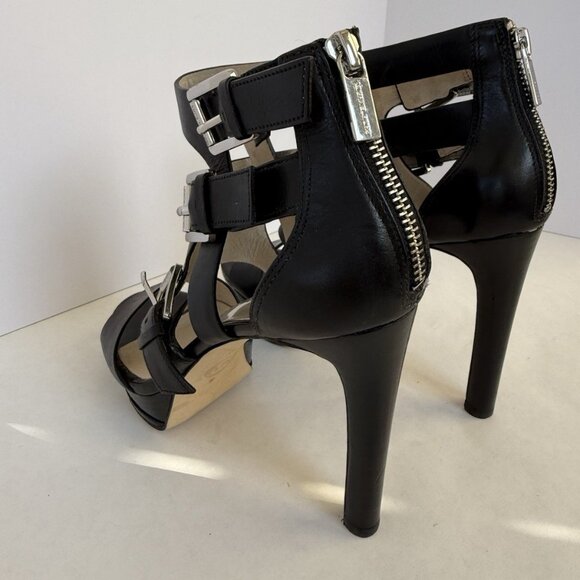 Michael Kors Lucinda Black Leather Zip Back Open Toe Heels Shoes - Picture 9 of 15
